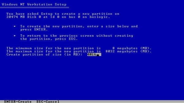 Windows NT installation: To avoid problems, create a 4 GB C: partition