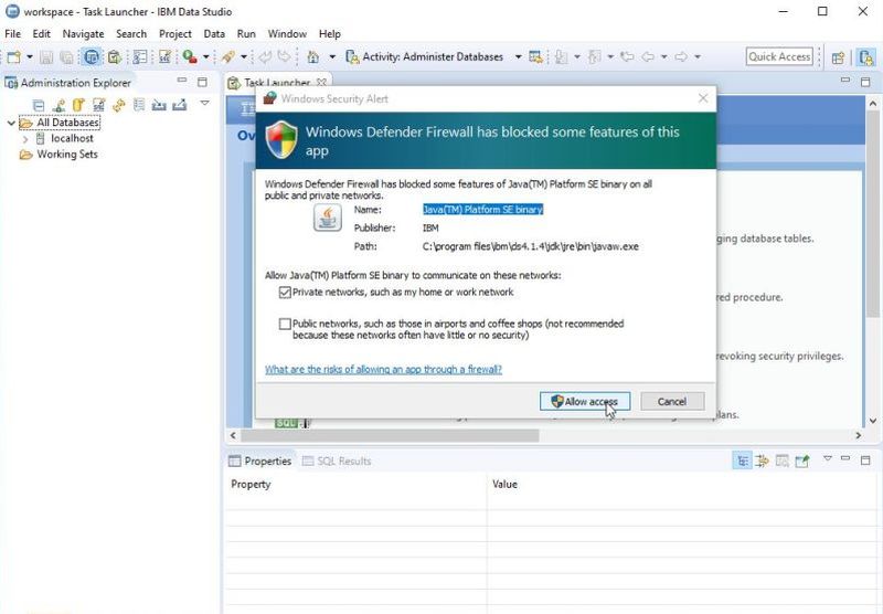 IBM Data Studio client: Windows Firewall - Allow Java to communicate on private networks