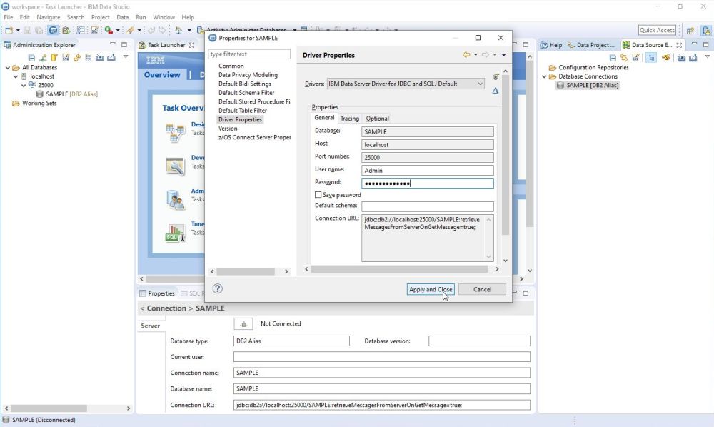 IBM Data Studio client: Connecting to the 'sample' database [2]