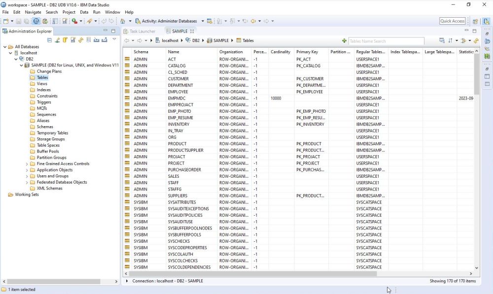 IBM Data Studio client: Display of the tables of the 'sample' database