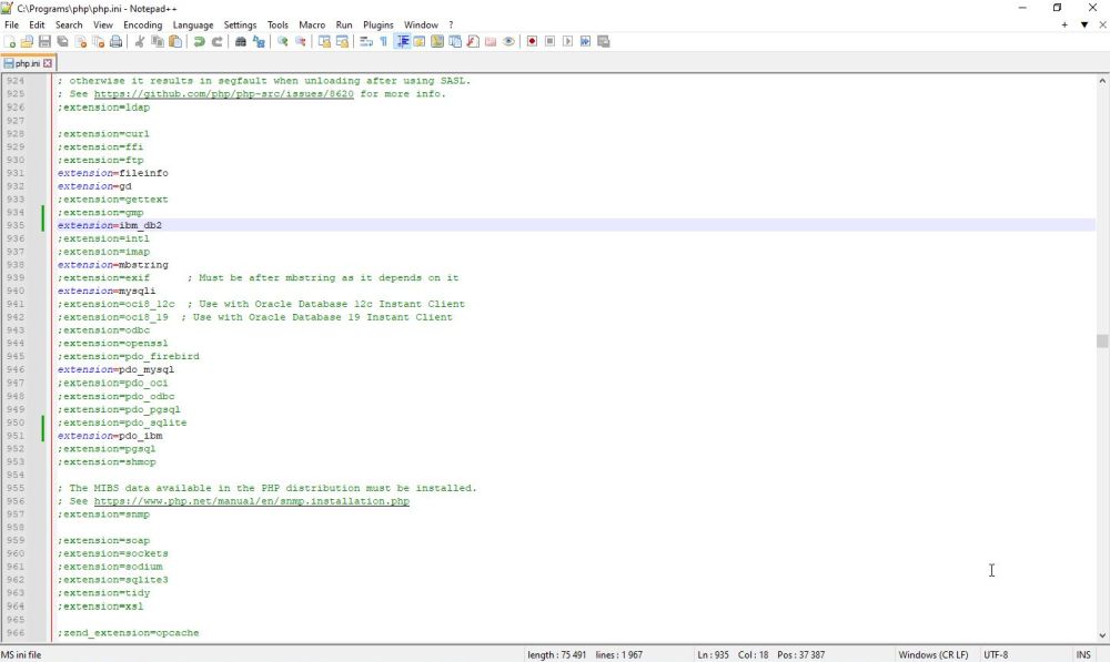 Adding the DB2 extensions to php.ini