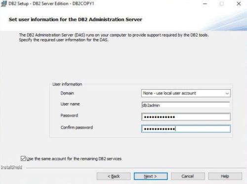 IBM DB2 installation: Setting user name and password for the DAS