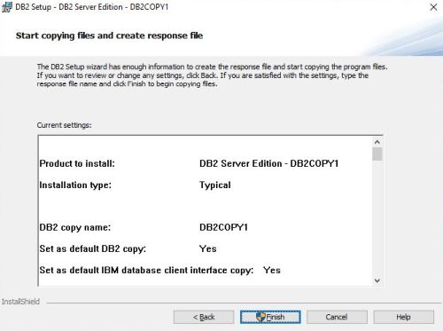 IBM DB2 installation: Starting file copy and configuration of the DB2 instance