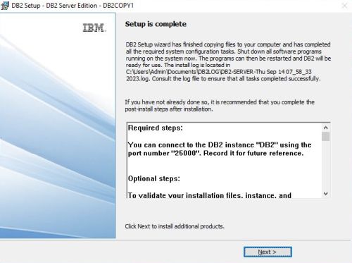 IBM DB2 installation: Installation finished successfully