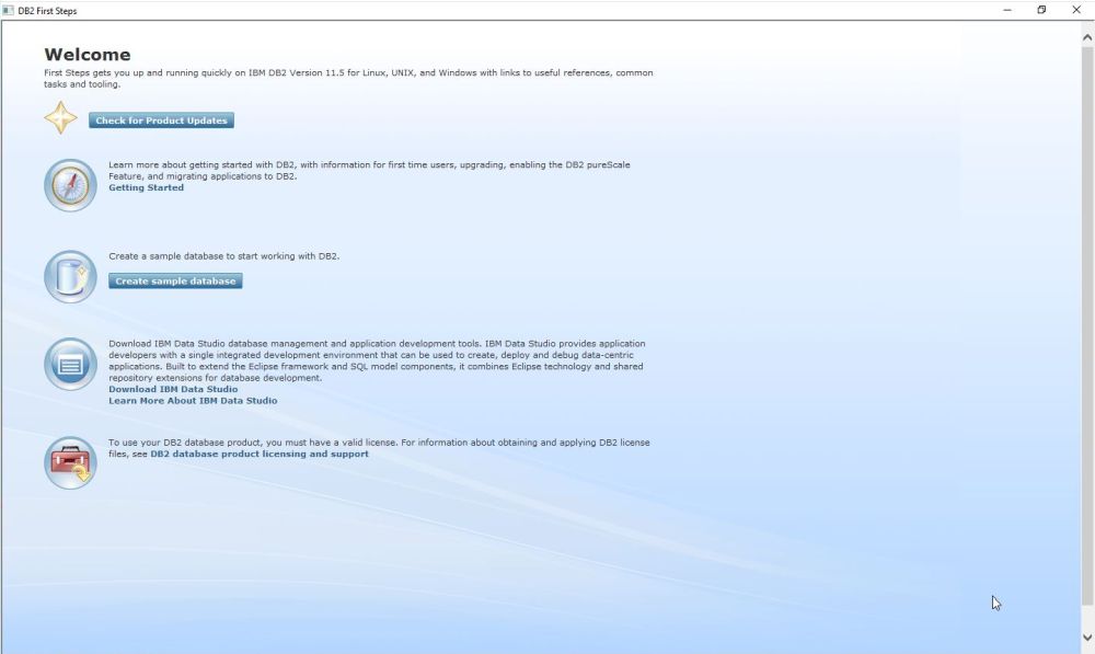 IBM DB2 installation: 'DB2 First Steps' Welcome window