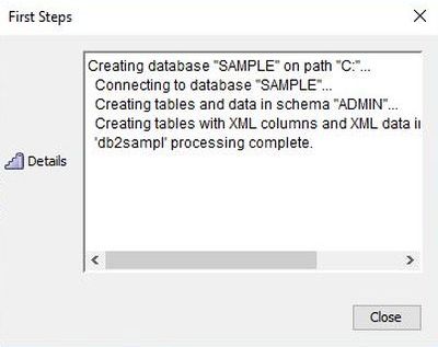 IBM DB2 installation: Creation of the SAMPLE database in 'DB2 First Steps'