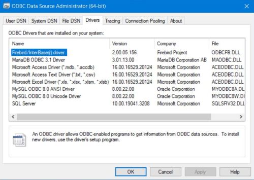 Available ODBC drivers in MS Windows ODBC Data Source Administrator