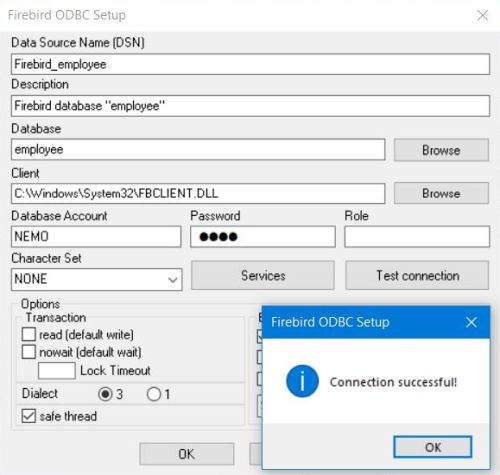 Firebird with ODBC: Creating of a user DSN - Firebase ODBC setup for 'employee' database