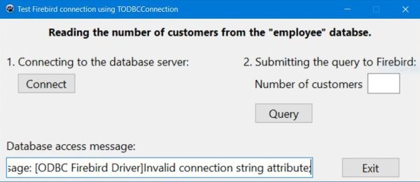 Accessing Firebird with Lazarus/Free Pascal ODBC: Failure because the server is offline