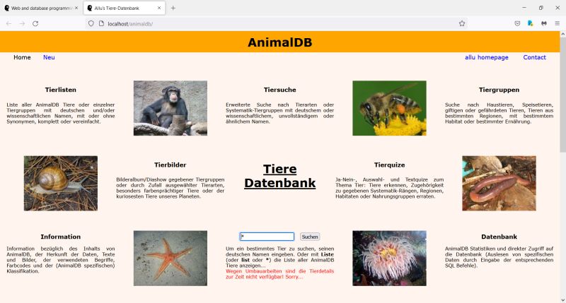 AnimalDB main page with search field to be focussed at page load