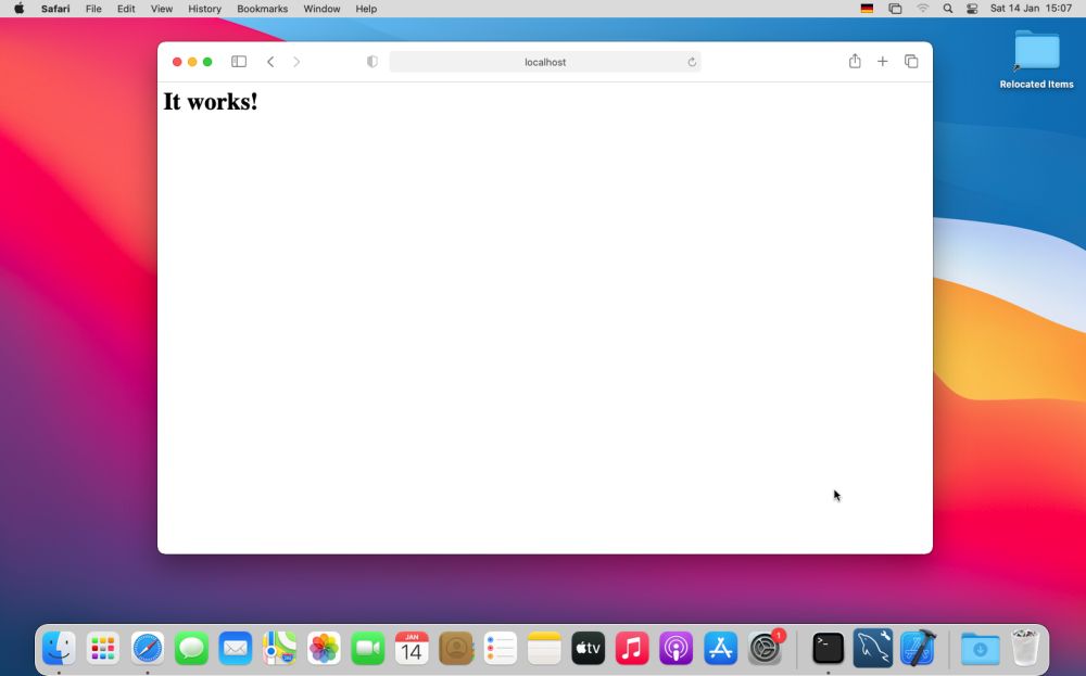 Apache on macOS: Display of the 'It works!' homepage in Safari