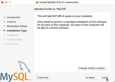 MySQL installation on macOS: Standard installation type