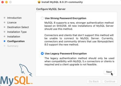 MySQL installation on macOS: Legacy password encryption
