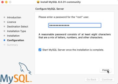 MySQL installation on macOS: Root password and sever auto-start selection