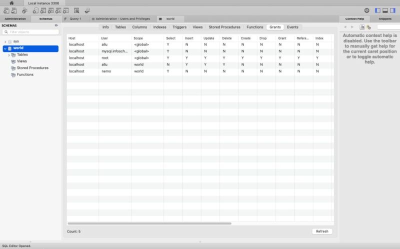 MySQL installation on macOS: 'world' database user privileges in MySQL Workbench