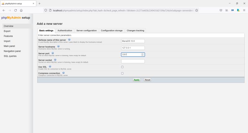 phpMyAdmin setup: Creating a new MariaDB server