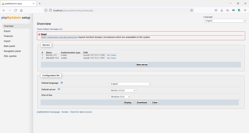 phpMyAdmin setup: Overview after the creation of a MySQL and a MariaDB server