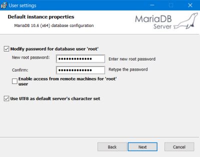 MariaDB installation: Root password and character set