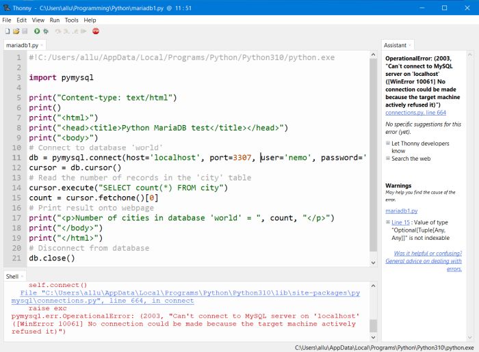 MariaDB: Accessing the database with a Python script using 'pymysql'