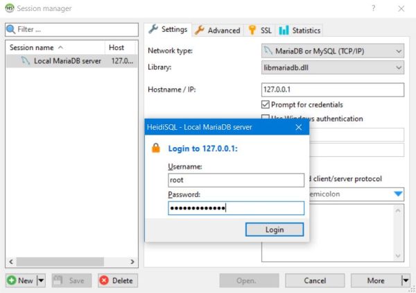 HeidiSQL: Login to the MariaDB database