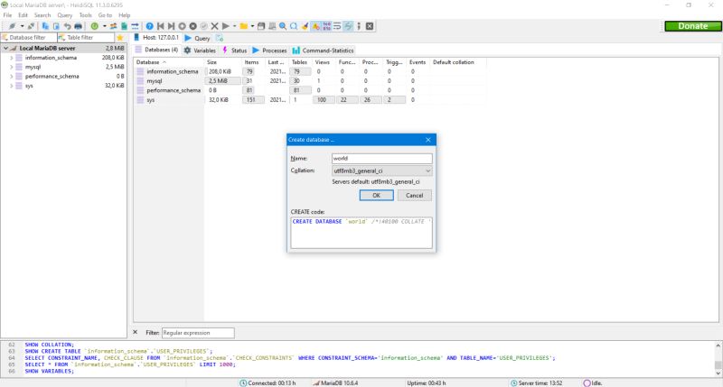 MariaDB: Creating a new database (using HeidiSQL)