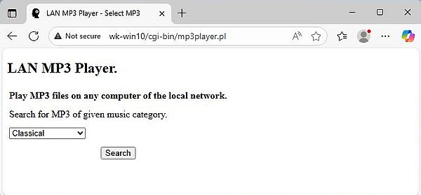 Local network MP3 player: Music category selection (Microsoft Edge on Windows 11)