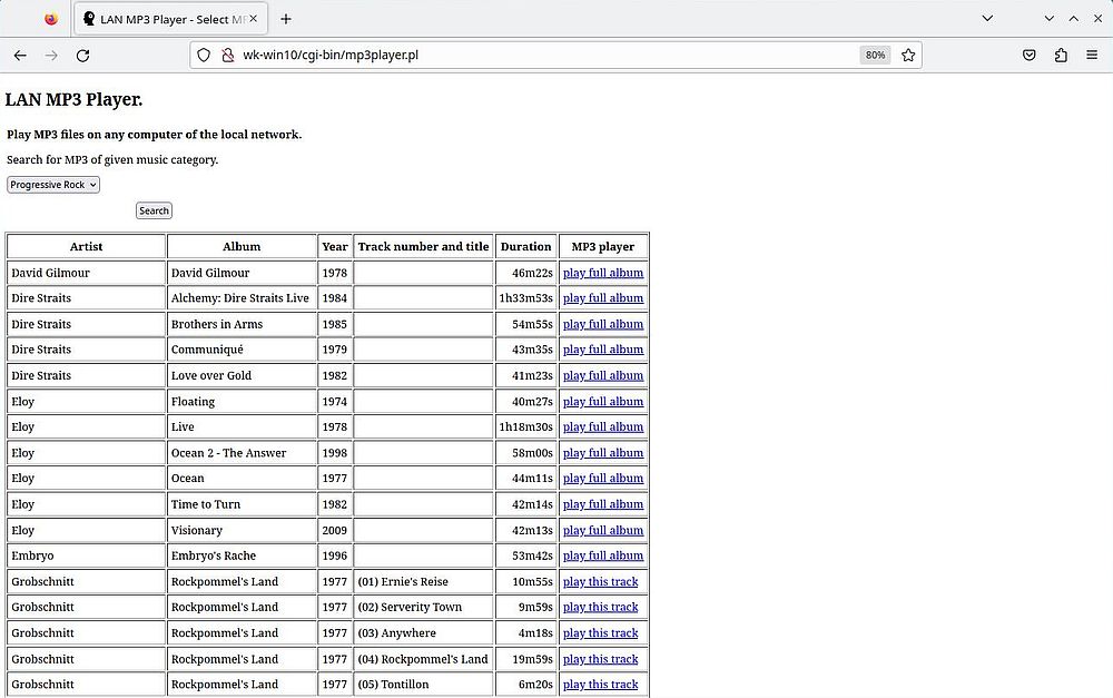 Local network MP3 player: MP3 files list (Firefox on Kubuntu 23.04)