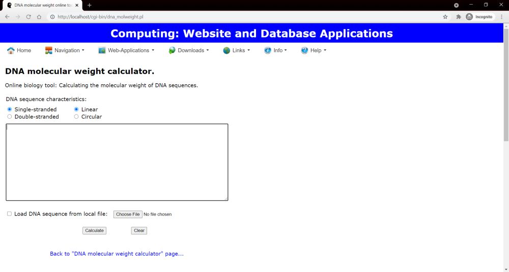 DNA molecular weight calculator: Webpage with a file input field for file upload