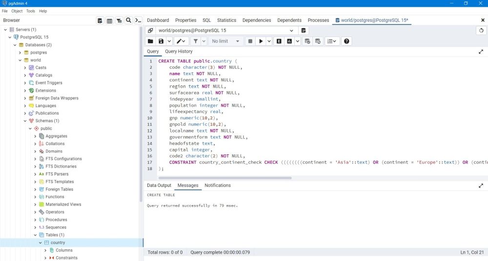 PostgreSQL - PgAdmin: Creating the 'country' table of the 'world' sample database