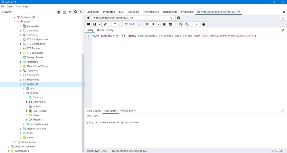 PostgreSQL - PgAdmin: Filling the 'city' table of the 'world' sample database from file
