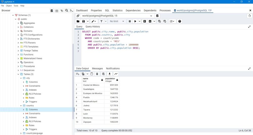 PostgreSQL - PgAdmin: SELECT query on the 'world' sample database