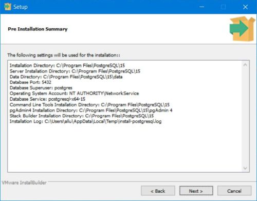 PostgreSQL installation: Pre-installation summary