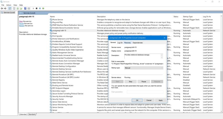 PostgreSQL installation: Setting server startup to 'manual' using Windows Control Panel