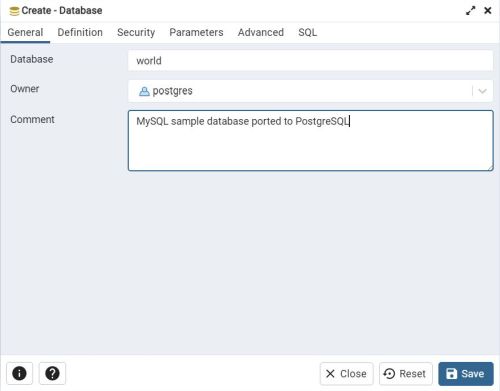 PostgreSQL - pgAdmin: Creating the 'world' sample database [1]