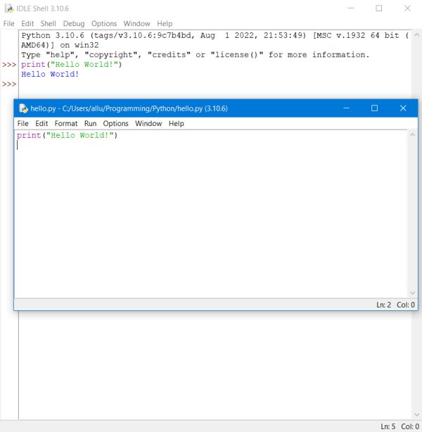 'Hello world' script in the Python GUI shell and editor IDLE