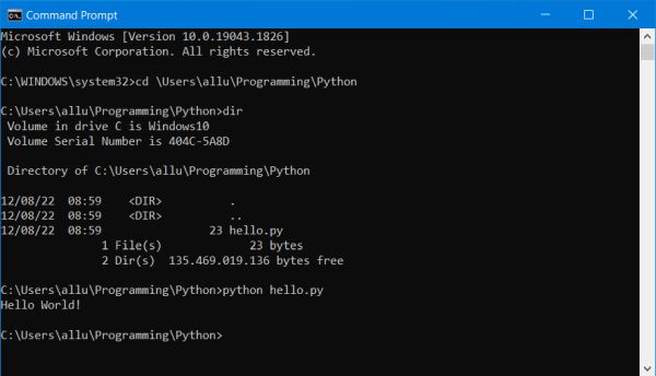 Running the 'Hello world' script in Windows Command Prompt