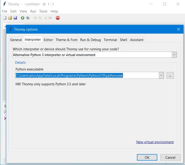 Thonny: Defining the Python interpreter to be used (by default)