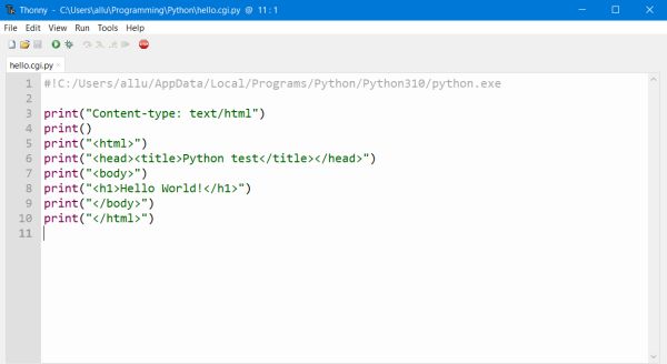 Simple 'Hello World' Python CGI script opened in Thonny