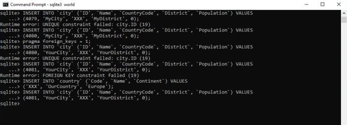 SQLite on Windows: Primary and foreign key checking (in sqlite3 client)