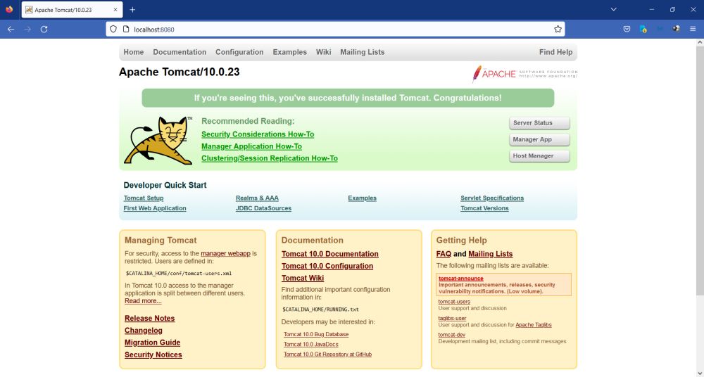 The Tomcat homepage opened in Firefox web browser