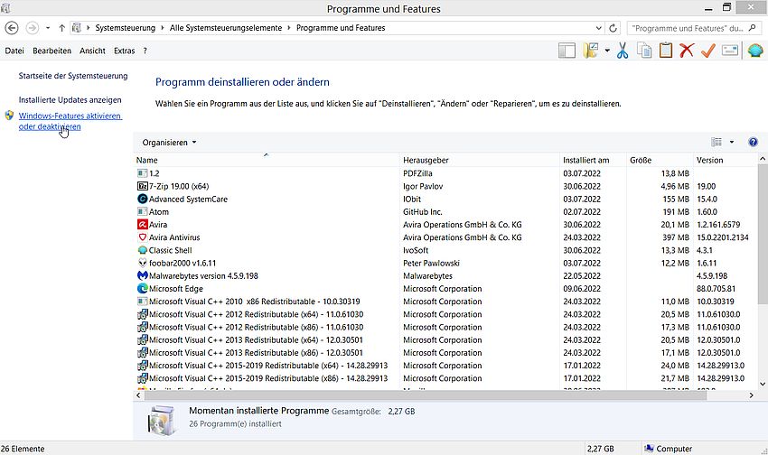Windows Control Panel: Turn Windows Features on
