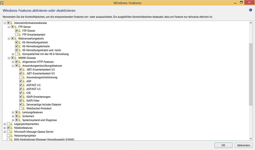 Windows Control Panel: Selecting the IIS features to be installed