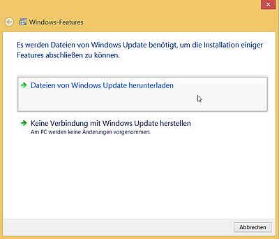 IIS installation on Windows 8.1: Choose to download the required files from Windows Update