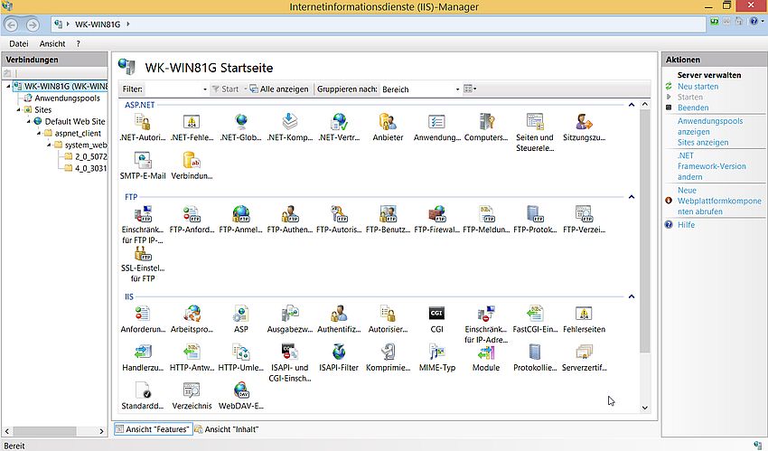 IIS on Windows 8.1: IIS Manager 'Start' page