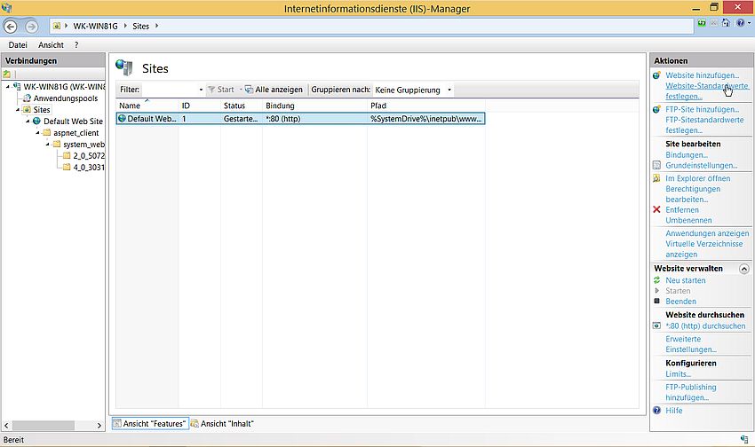 IIS on Windows 8.1: Settings of 'Default Web Site'