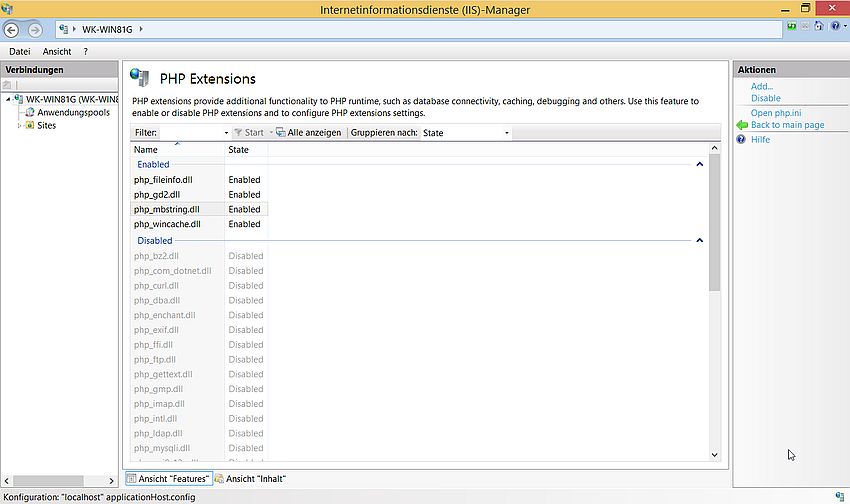 IIS on Windows 8.1: PHP Manager - Enabling some extensions