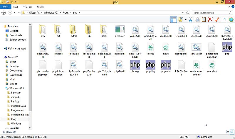 IIS on Windows 8.1: Content of the PHP 7.4 installation directory
