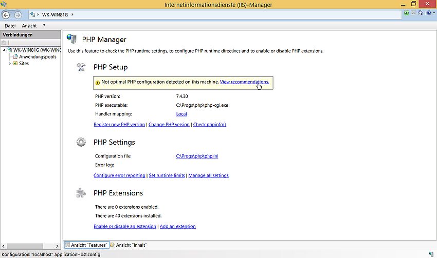 IIS on Windows 8.1: PHP Manager - Main page