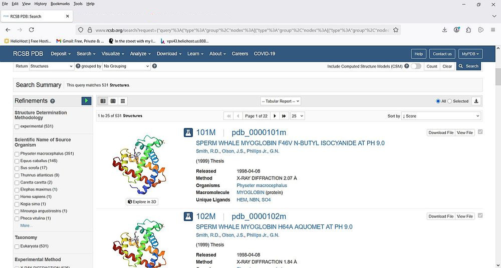 Protein Data Bank: Searching the PDB for 'myoglobin' (search result)