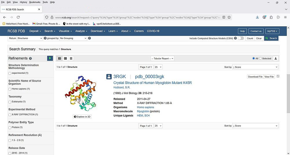 Protein Data Bank: Searching the PDB for 'myoglobin' (refined by organism search result)
